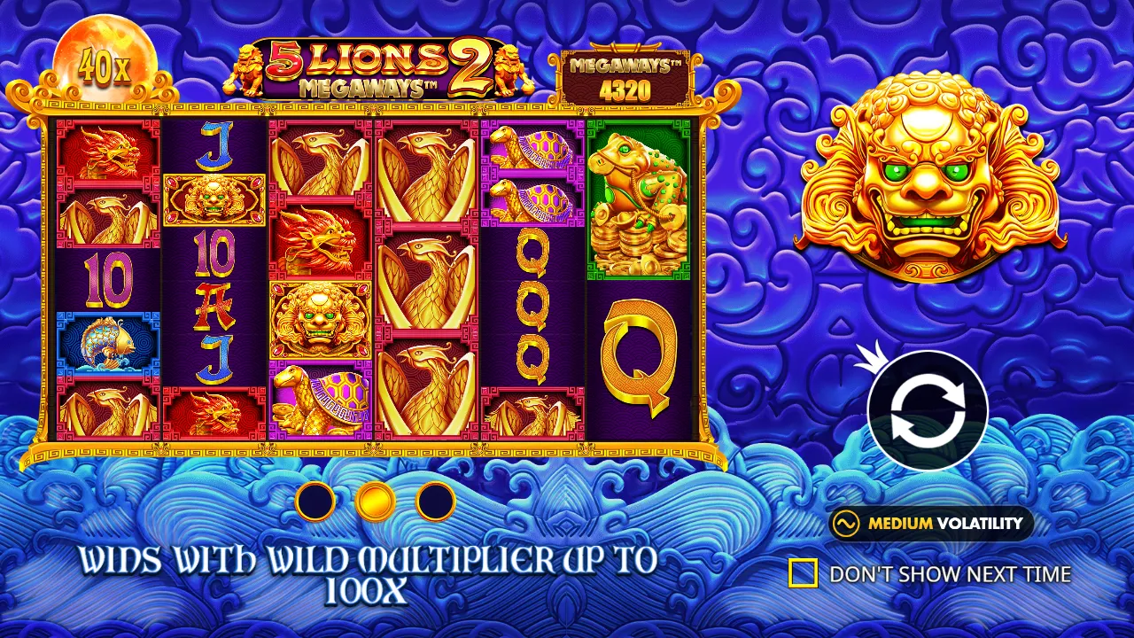 5 Lions Megaways 2 intro screen with a 40x wild multiplier orb, 4,320 ways and a Medium Volatility badge
