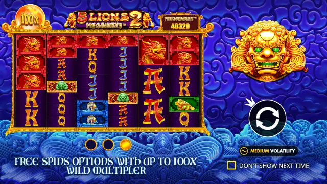 5 Lions Megaways 2 intro screen with dragon wins, a 100x orb and 40,320 ways on the six reels