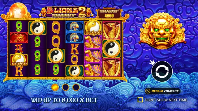 5 Lions Megaways 2 intro screen with yin-yang scatters, two Super scatters and Win up to 8,000 x bet