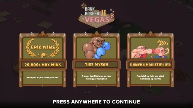 Bank Basher 2 Vegas intro screen: 20,000x max win, Tike Myson and punch-up multiplier