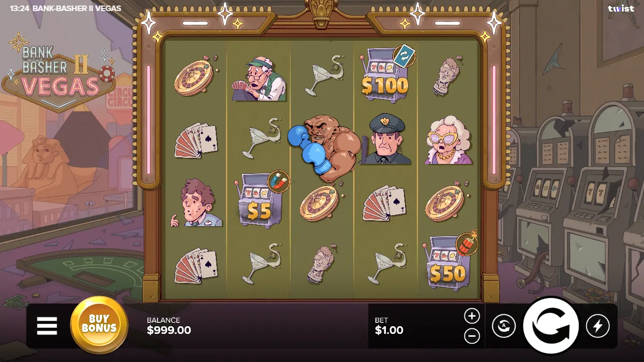 Bank Basher 2 Vegas 5×4 base game with Eddie the boxer and cash prize slot machines