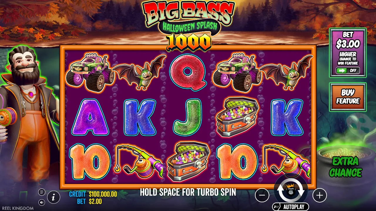 Big Bass Halloween Splash 1000 base game: 5×3 reels with monster truck, bat and coffin symbols