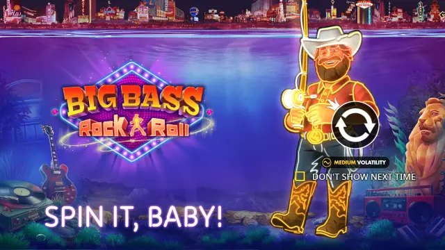 Big Bass Rock and Roll intro screen with the neon cowboy fisherman and a medium volatility badge