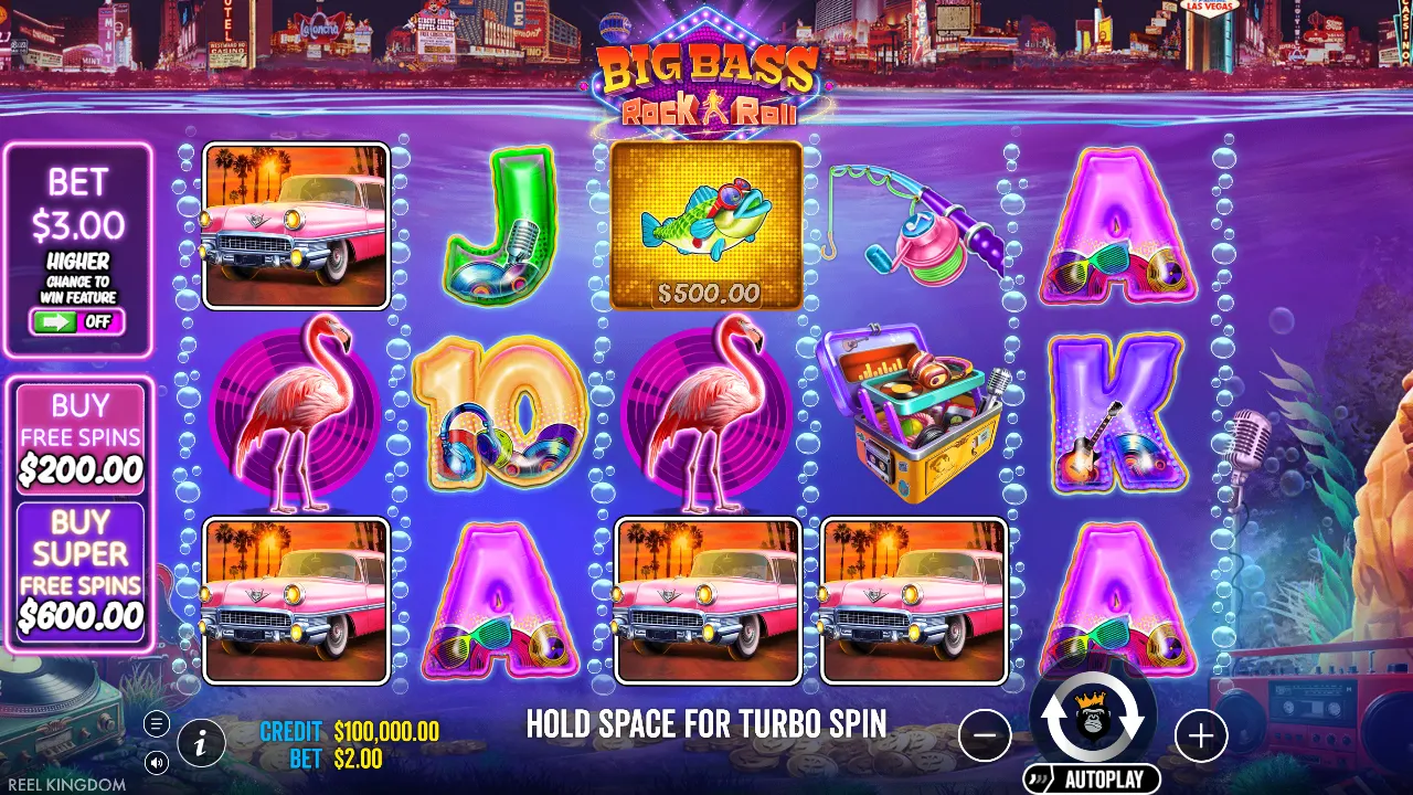Big Bass Rock and Roll base game with Cadillac, flamingo and fish money symbols beside the buy buttons