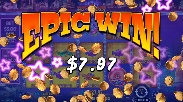Big Bass Rock and Roll win screen over fish money symbols, showing 7.60 won on a 2.00 stake