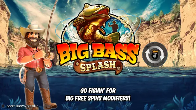 Big Bass Splash intro screen with the cowboy fisherman and a golden bass leaping from the water