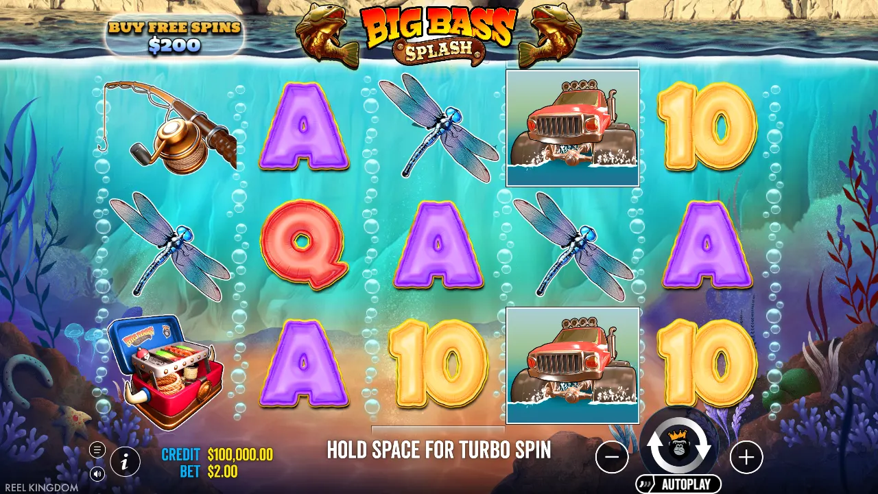 Big Bass Splash base game: 5×3 reels with dragonfly, tackle box and truck symbols and the Buy Free Spins button