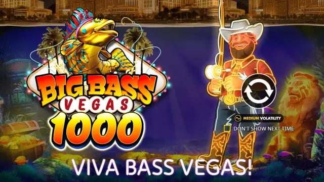 Big Bass Vegas 1000 intro screen with the neon cowboy fisherman and a medium volatility badge