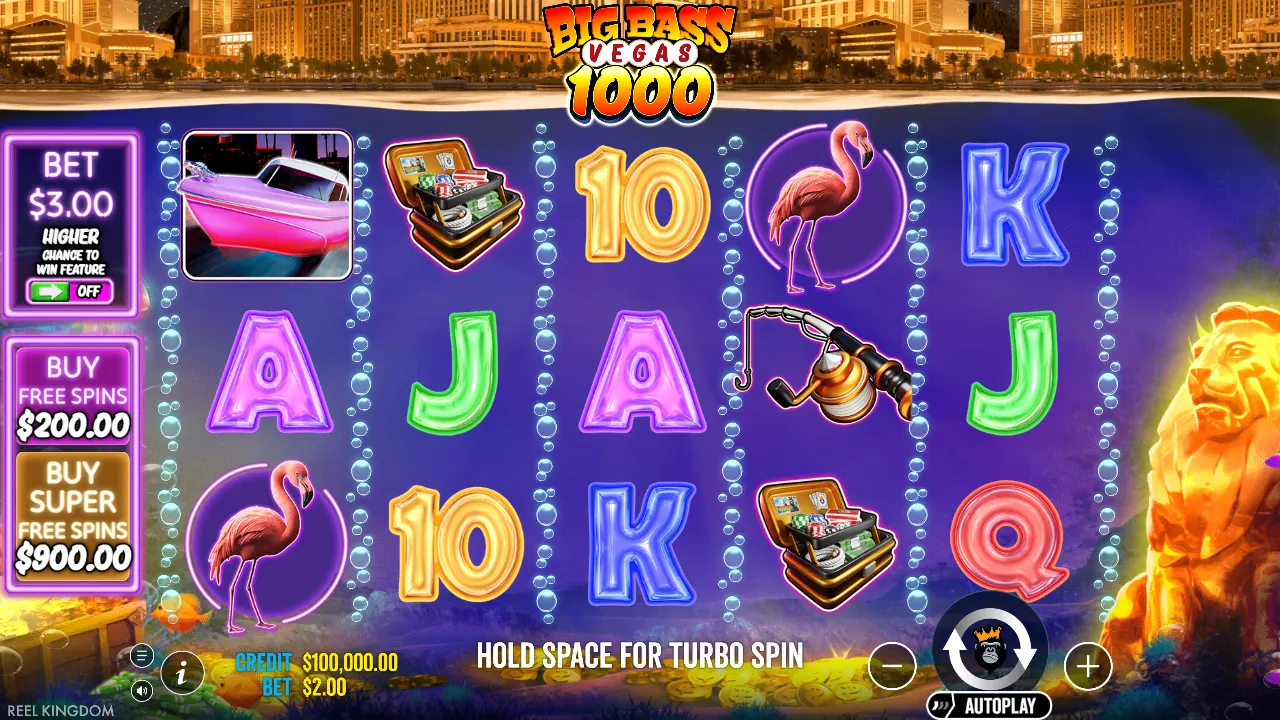 Big Bass Vegas 1000 base game with flamingo and tackle box symbols beside the ante and buy buttons
