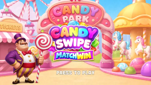 Candy Swipe MatchWin title screen in a candy theme park