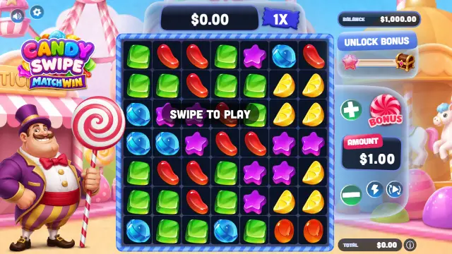 Candy Swipe MatchWin 7×7 candy board before the first swipe, with the Unlock Bonus meter