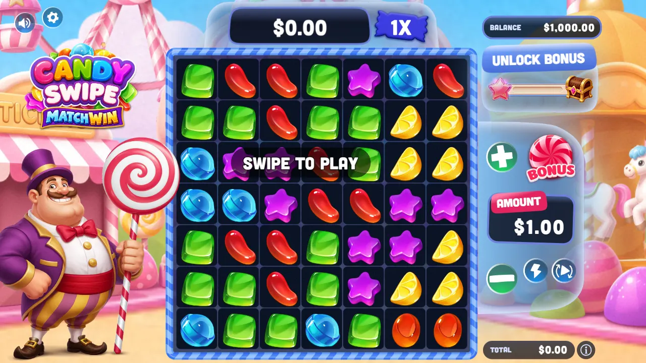 Candy Swipe MatchWin 7×7 candy board before the first swipe, with the Unlock Bonus meter