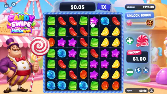 Candy Swipe MatchWin board after several moves with the running win at the top