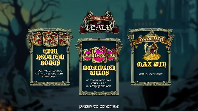 Conductor of Death intro screen showing the Epic Requiem Bonus, Multiplier Wilds and a 25,000x max win