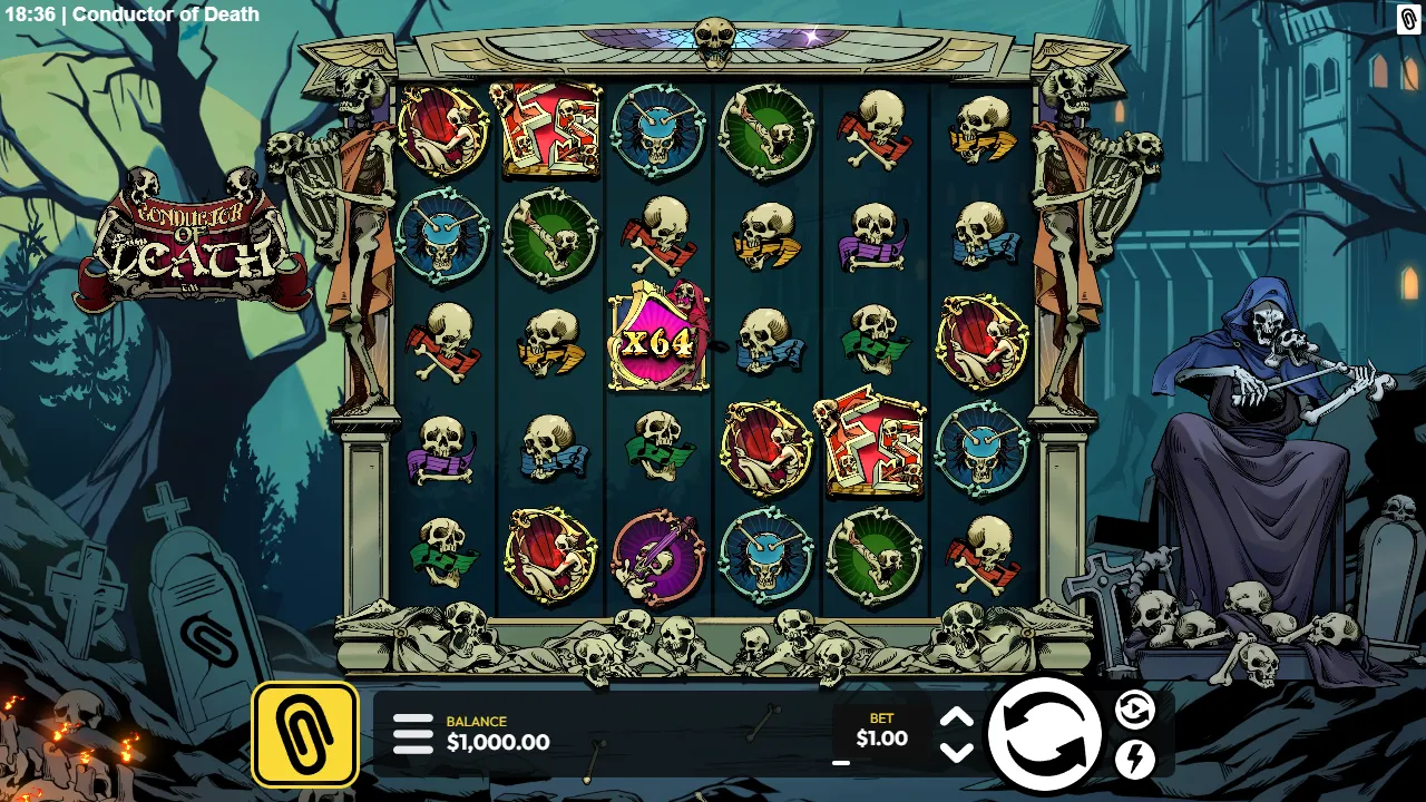 Conductor of Death base game on the 6×5 grid with skull symbols, two FS Bonus symbols and a pink x64 Note Wild