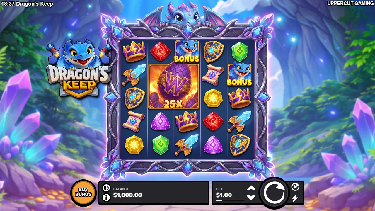 Dragon's Keep 5×5 grid with a 2×2 dragon egg Wild worth 25x, two baby dragon Bonus symbols and gem symbols
