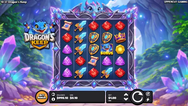 Dragon's Keep spin with red, purple and yellow gems, crystal swords, shields and a Bonus symbol in a crystal cave
