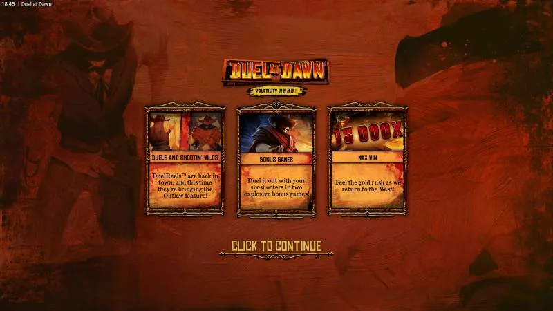 Duel at Dawn intro screen: DuelReels, two bonus games and a 15,000x max win
