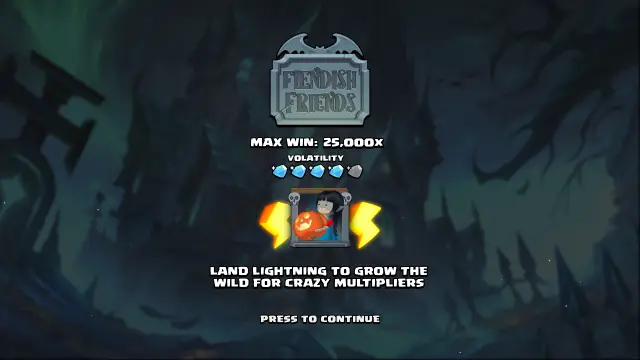 Fiendish Friends intro screen: Max Win 25,000x, a four-of-five volatility meter and the Lightning wild