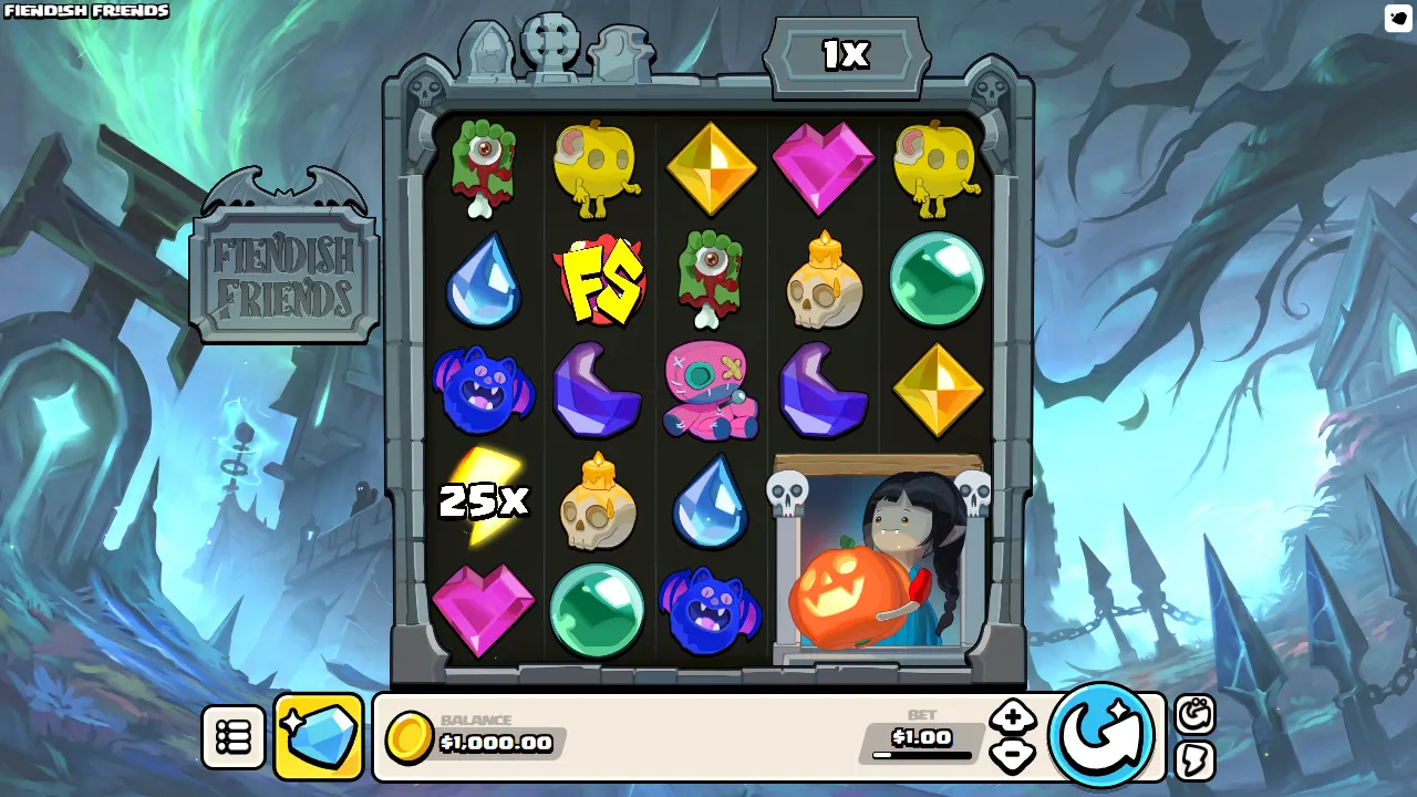 Fiendish Friends base game on the 5×5 grid with a 2×2 Expanded Wild, a 25x Lightning and an FS Bonus symbol