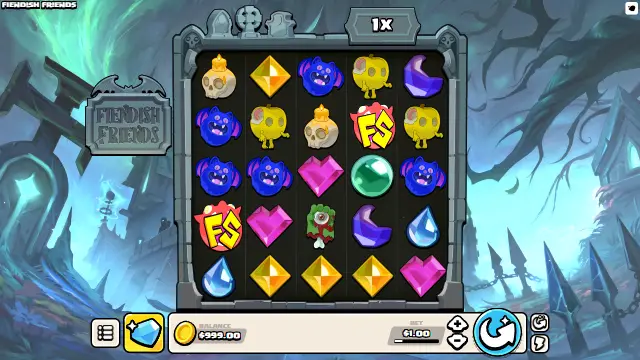 Fiendish Friends base game with two FS Bonus symbols among gems, bats and candle skulls