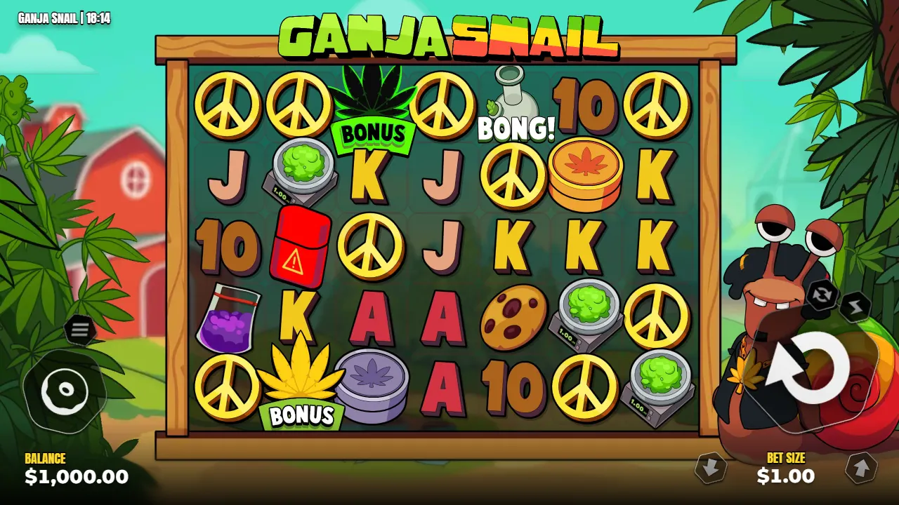 Ganja Snail base game on the 7×5 grid with two Bonus scatters, a Bong, a Lighter and the snail mascot