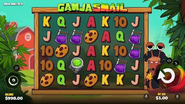 Ganja Snail base game with cookie, baggie and scale symbols among the card ranks on the 7×5 grid