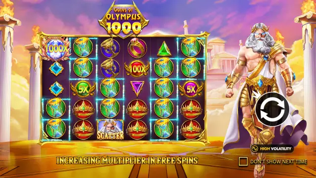 Gates of Olympus 1000 intro screen with 1000x, 100x and 5x orbs and the free spins multiplier message