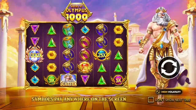 Gates of Olympus 1000 intro screen with 1000x, 100x, 25x and 5x orbs and a Zeus scatter on the grid