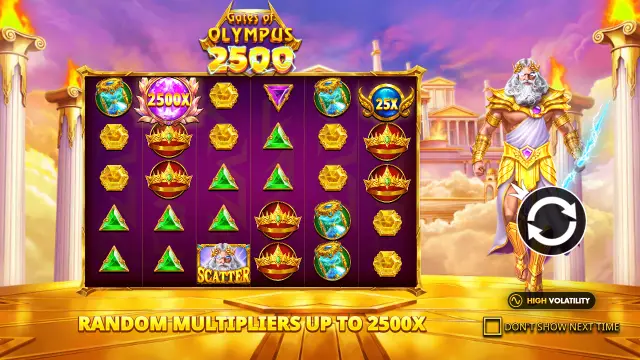 Gates of Olympus 2500 intro screen with a 2500x orb on the 6×5 grid, Zeus and a High Volatility badge