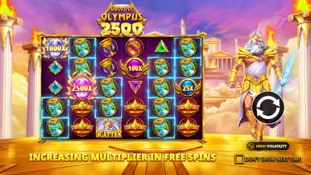 Gates of Olympus 2500 intro screen showing 1000x, 100x, 25x and 2500x orbs on the grid