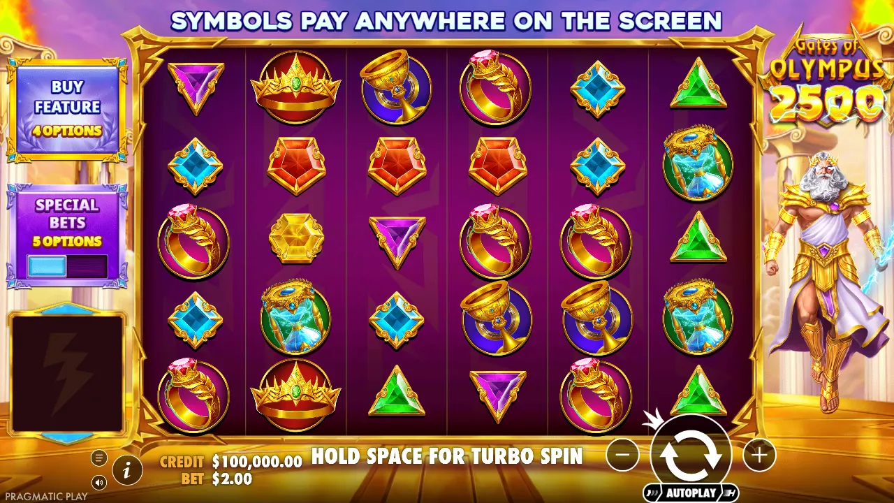Gates of Olympus 2500 base game with Buy Feature (4 options) and Special Bets (5 options) panels
