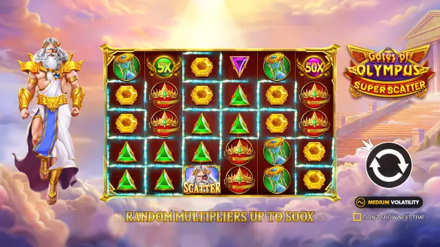Gates of Olympus Super Scatter intro screen with Zeus, 5x and 50x orbs and a Medium Volatility badge