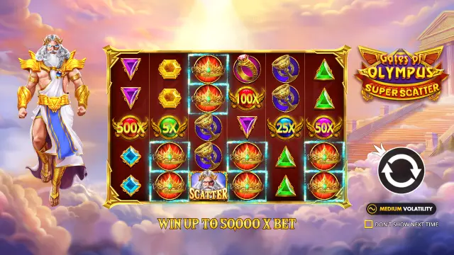 Gates of Olympus Super Scatter intro screen with 500x, 100x, 50x and 25x orbs and the 50,000x bet line