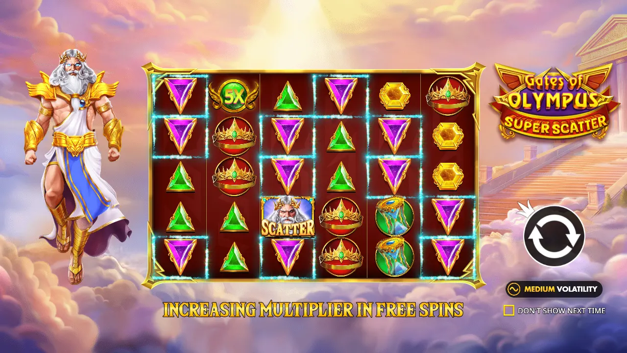Gates of Olympus Super Scatter intro screen showing a tumble win and the free spins multiplier message