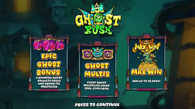 Ghost Rush intro screen showing the Epic Ghost Bonus, Ghost Multis and a 25,000x max win