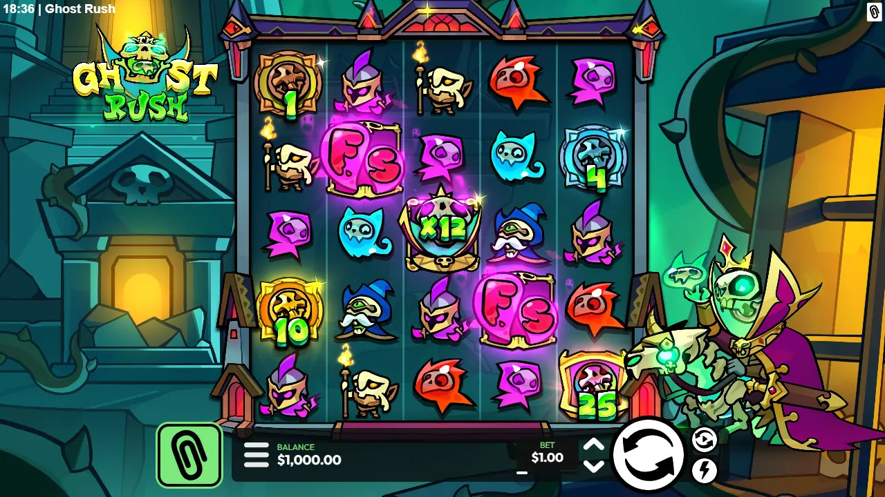 Ghost Rush 5×5 grid with an x12 Ghost Wild, two FS Bonus symbols and soul-coins worth 1, 4, 10 and 25
