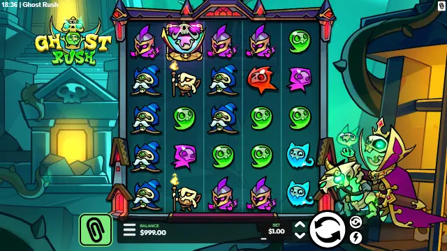 Ghost Rush spin with knights, wizards, skeletons and coloured ghosts, and a Ghost Wild in the top row