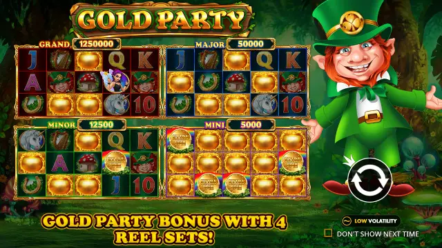 Gold Party intro screen with the leprechaun beside four colour-coded respin grids