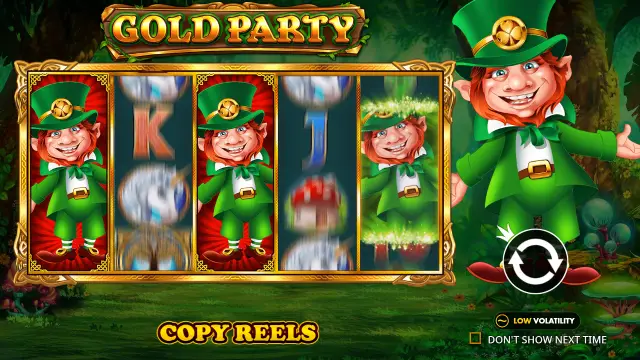 Gold Party Copy Reels feature: a leprechaun stack on reel 1 copied to other reels, with a low volatility badge