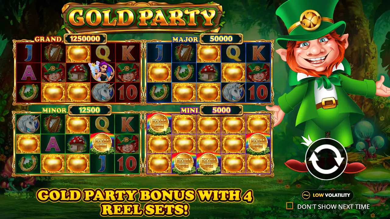 Gold Party intro screen showing the four-grid Money Respin with Grand, Major, Minor and Mini jackpots