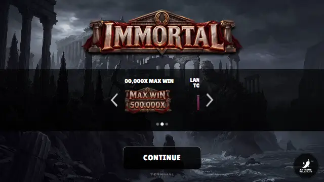 Immortal intro screen: land 3+ Bonus symbols to enter Bonus mode, with an Extreme Volatility badge