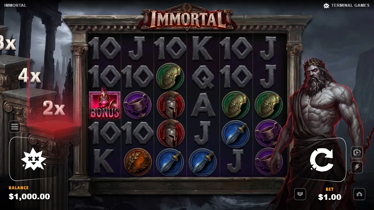 Immortal base game on a 6×5 grid with a Bonus symbol, the 2x, 4x and 8x pillars and the stone god