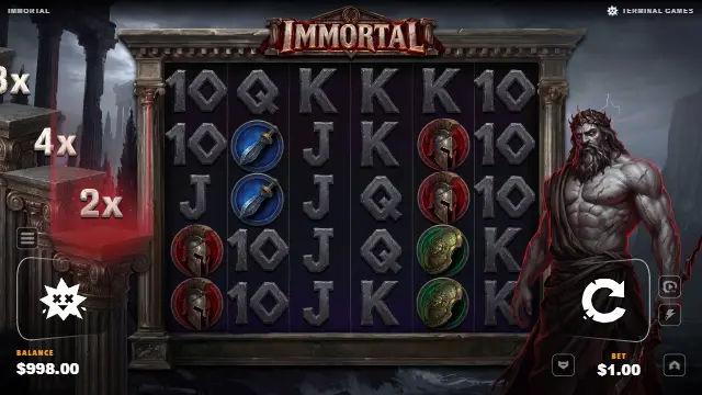Immortal base game after a spin, with helmet, shield and dagger symbols on the 6×5 grid