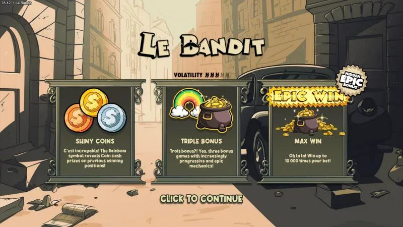 Le Bandit intro screen with Shiny Coins, Triple Bonus and a 10,000x max win