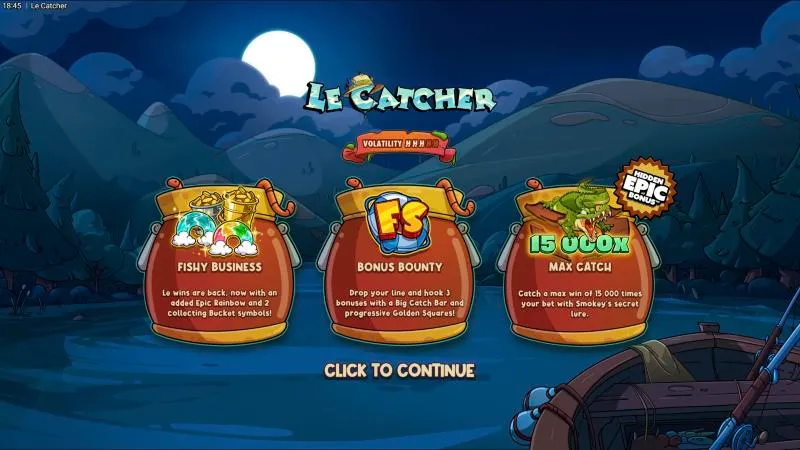 Le Catcher intro screen: Fishy Business, Bonus Bounty and a 15,000x max catch
