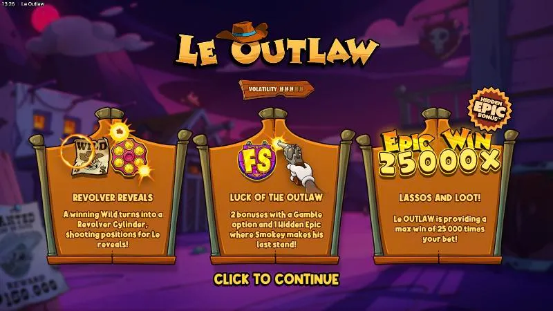 Le Outlaw intro screen: Revolver Reveals, free spins with gamble and a 25,000x max win