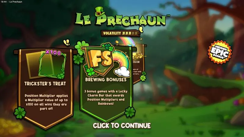 Le Prechaun intro screen showing Trickster’s Treat and Brewing Bonuses