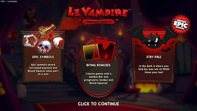 Le Vampire intro screen with Epic Symbols, Biting Bonuses and a 15,000x max win