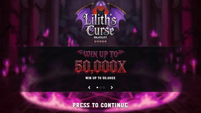 Lilith's Curse intro screen with the game logo, a volatility meter and Win up to 50,000x